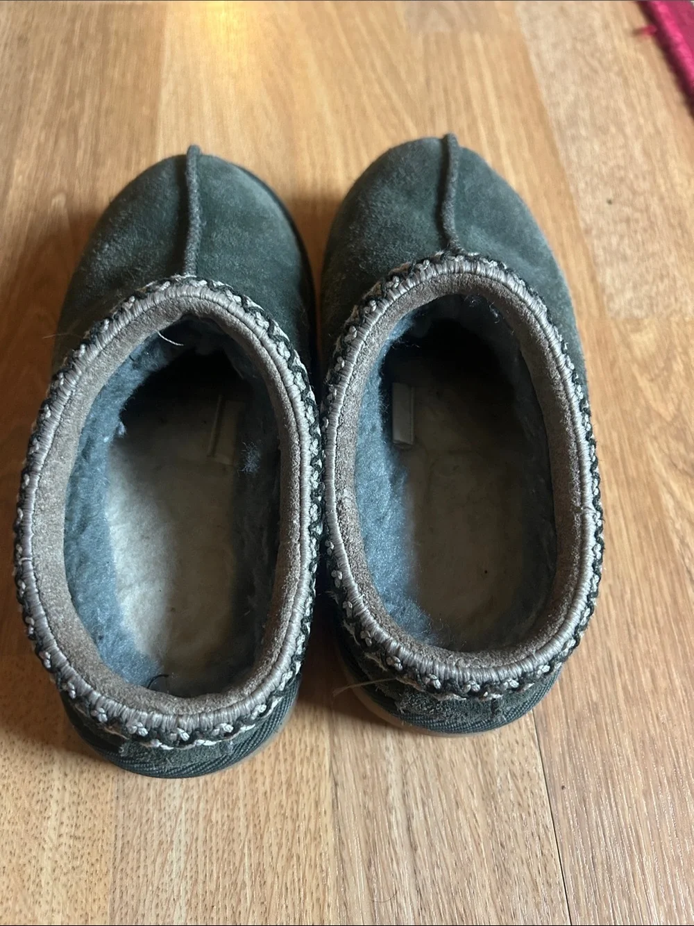 UGG Kids Dark Green Suede Slip-On Slippers with Braided Trim